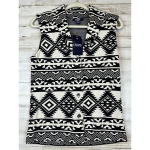 Chaps Womens Aztec Southwestern Sweater Vest Sm Black White Cotton Collared NWT